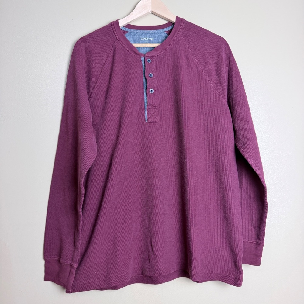Lands' End Henley Shirt Large Burgundy Layering  Waffle Knit Casual Long Sleeve
